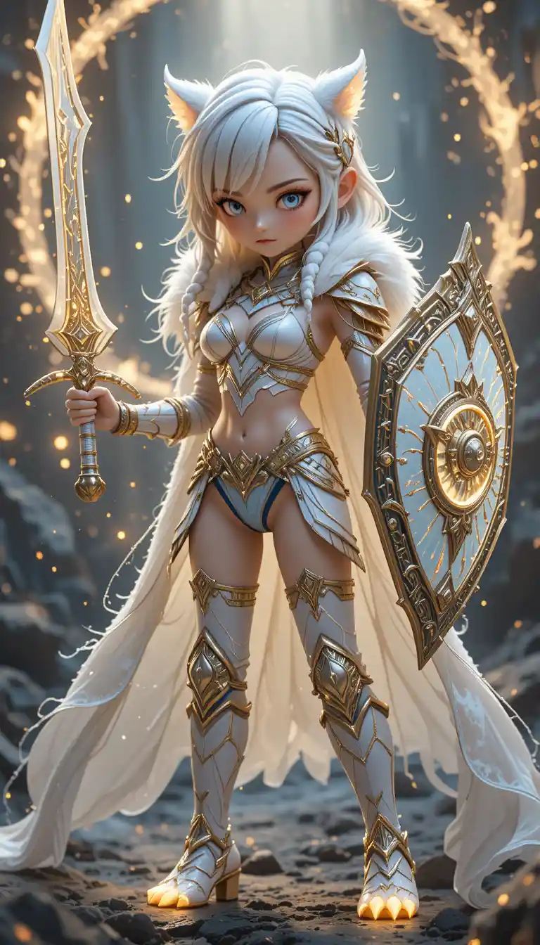 Semi chibi ice warrior woman in glowing crystal armor