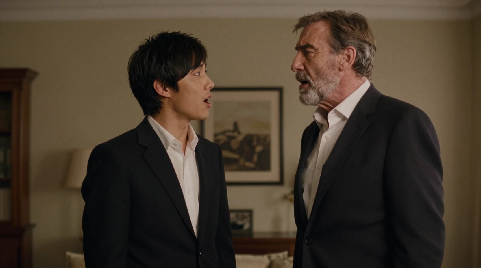 Two men singing together in a melancholic apartment scene