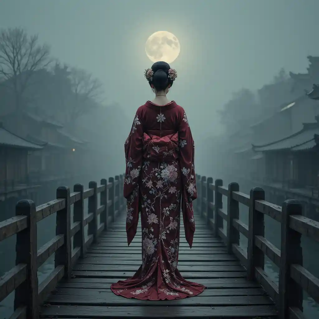 Geisha In Crimson Kimono On Moonlit Wooden Bridge