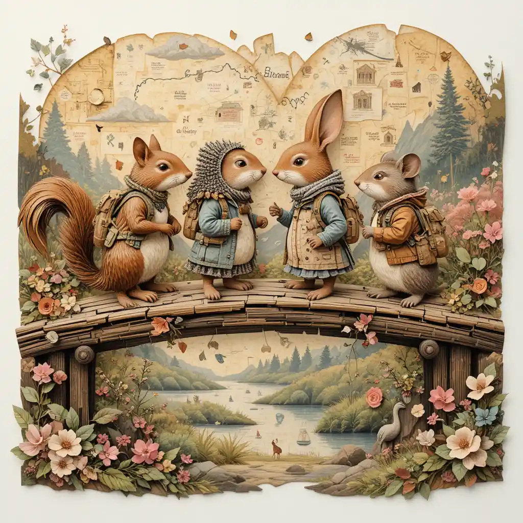Whimsical forest animals crossing a rickety wooden bridge