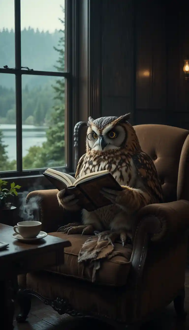 Owl Reading In A Velvet Armchair On A Rainy Day