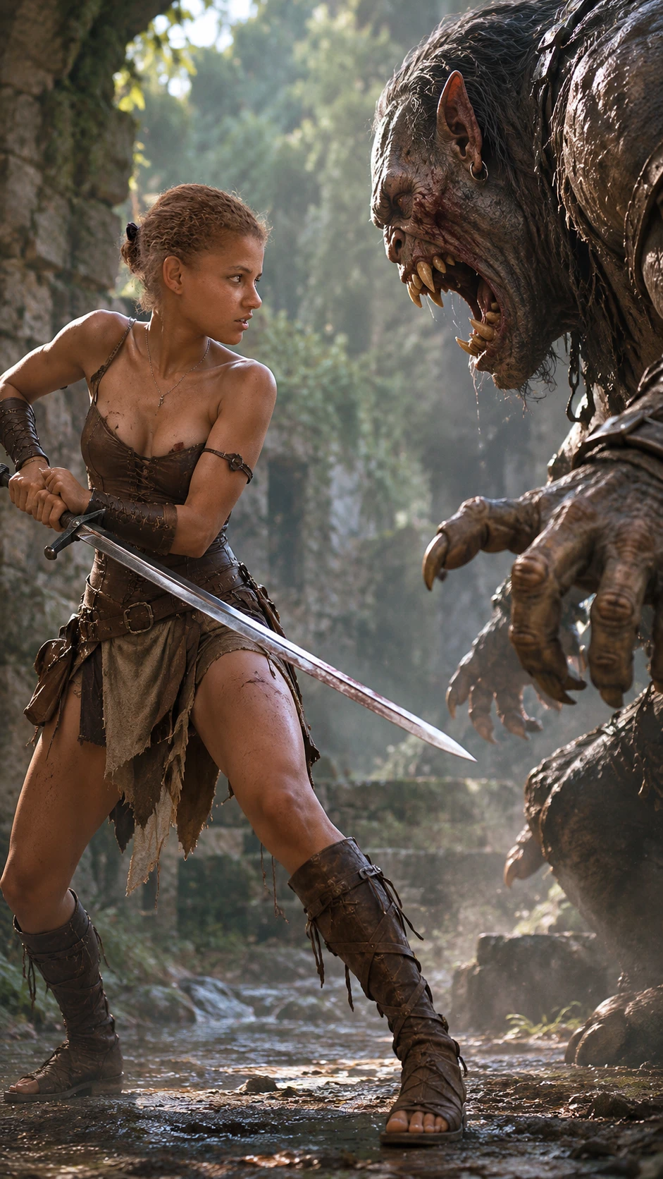 Brunette medieval warrior facing a monster with sword drawn