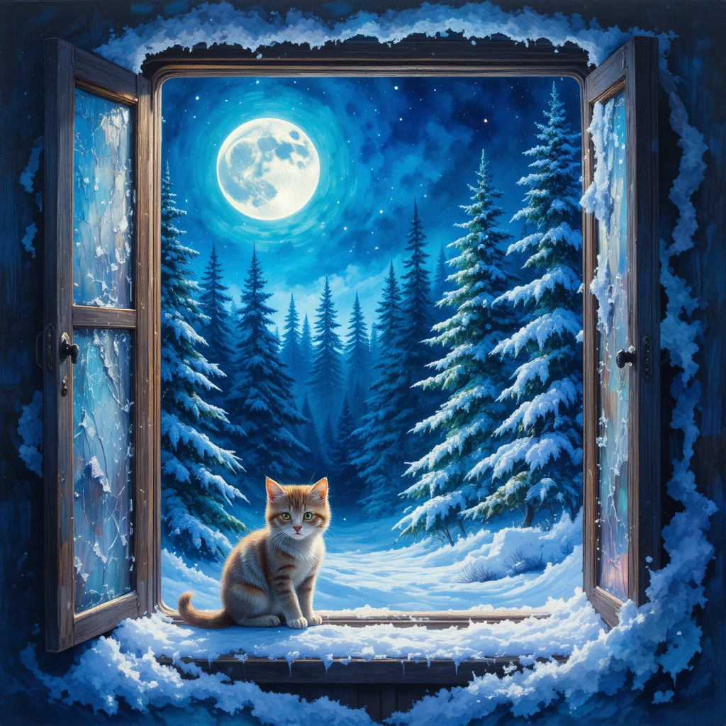 Moonlit snowy forest seen through an ancient frosted window