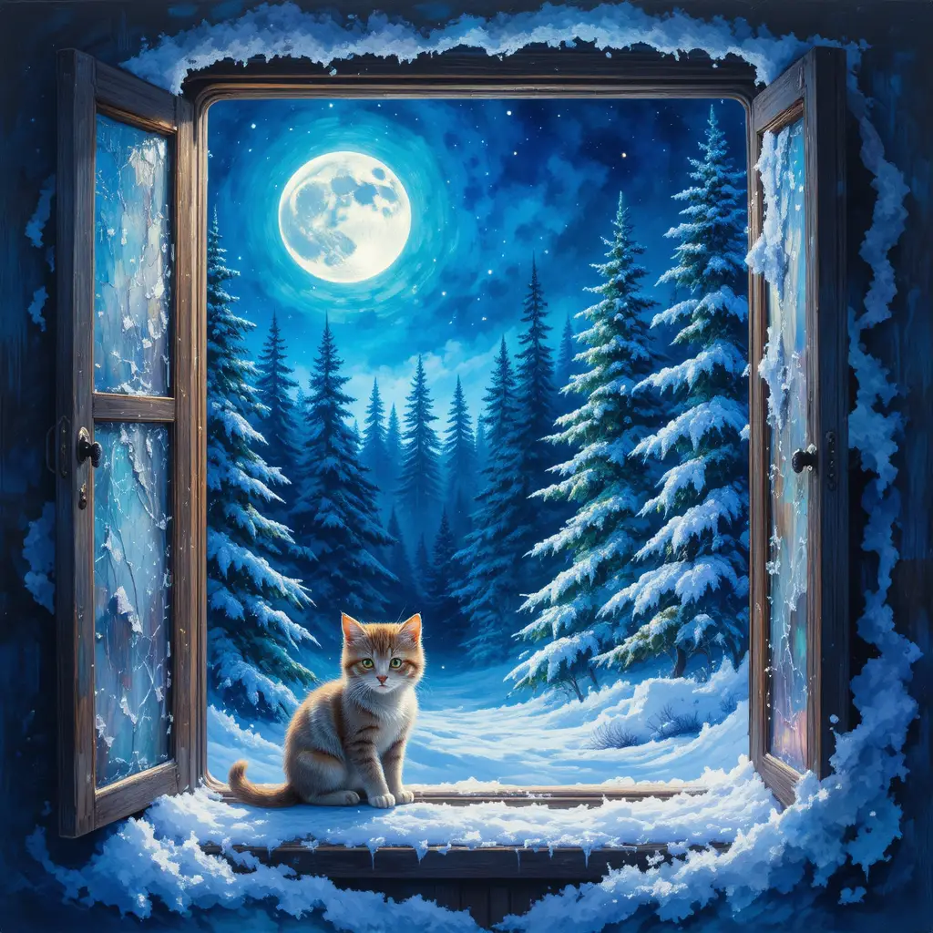 Moonlit snowy forest seen through an ancient frosted window
