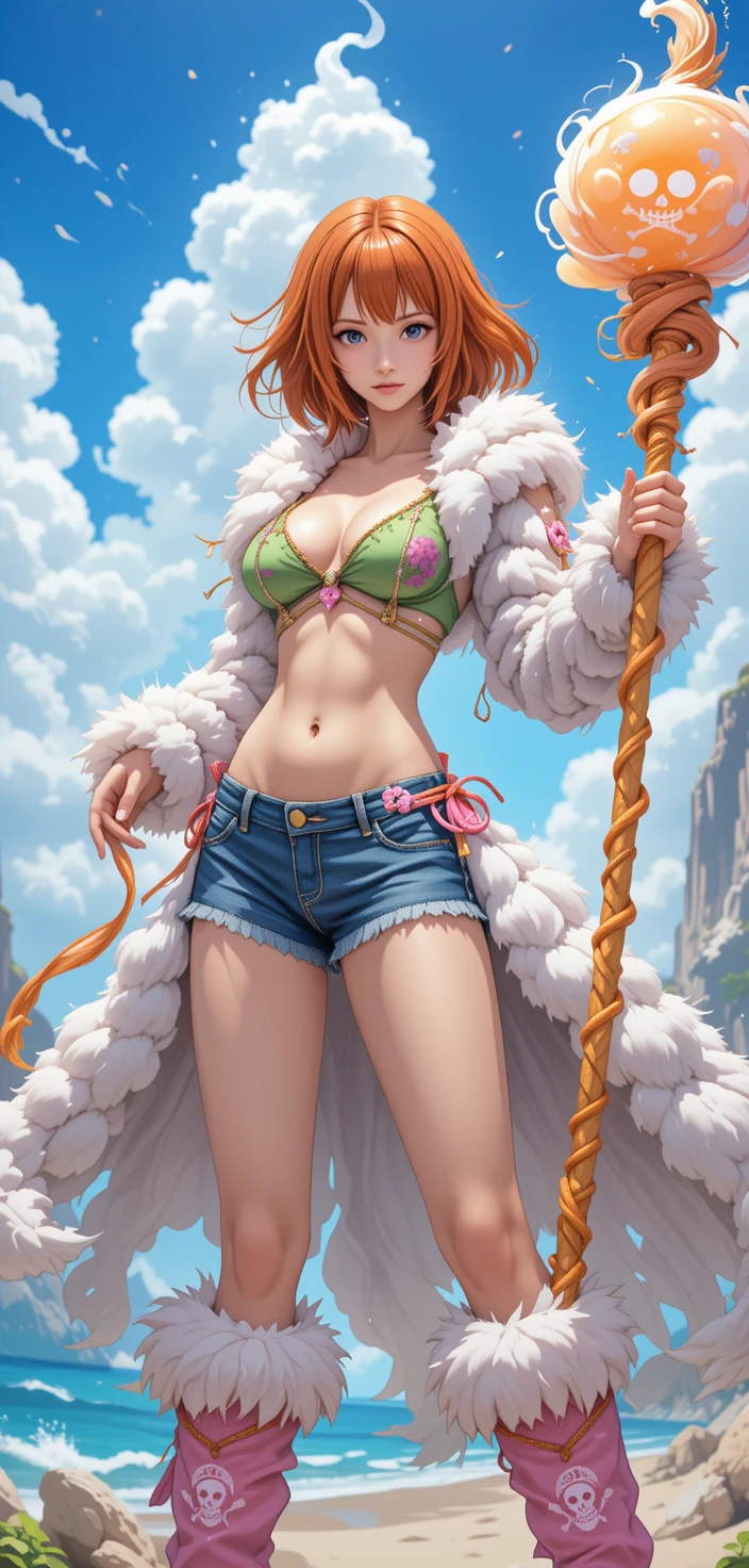 Anime woman in cloud outfit posing on sunny island shore