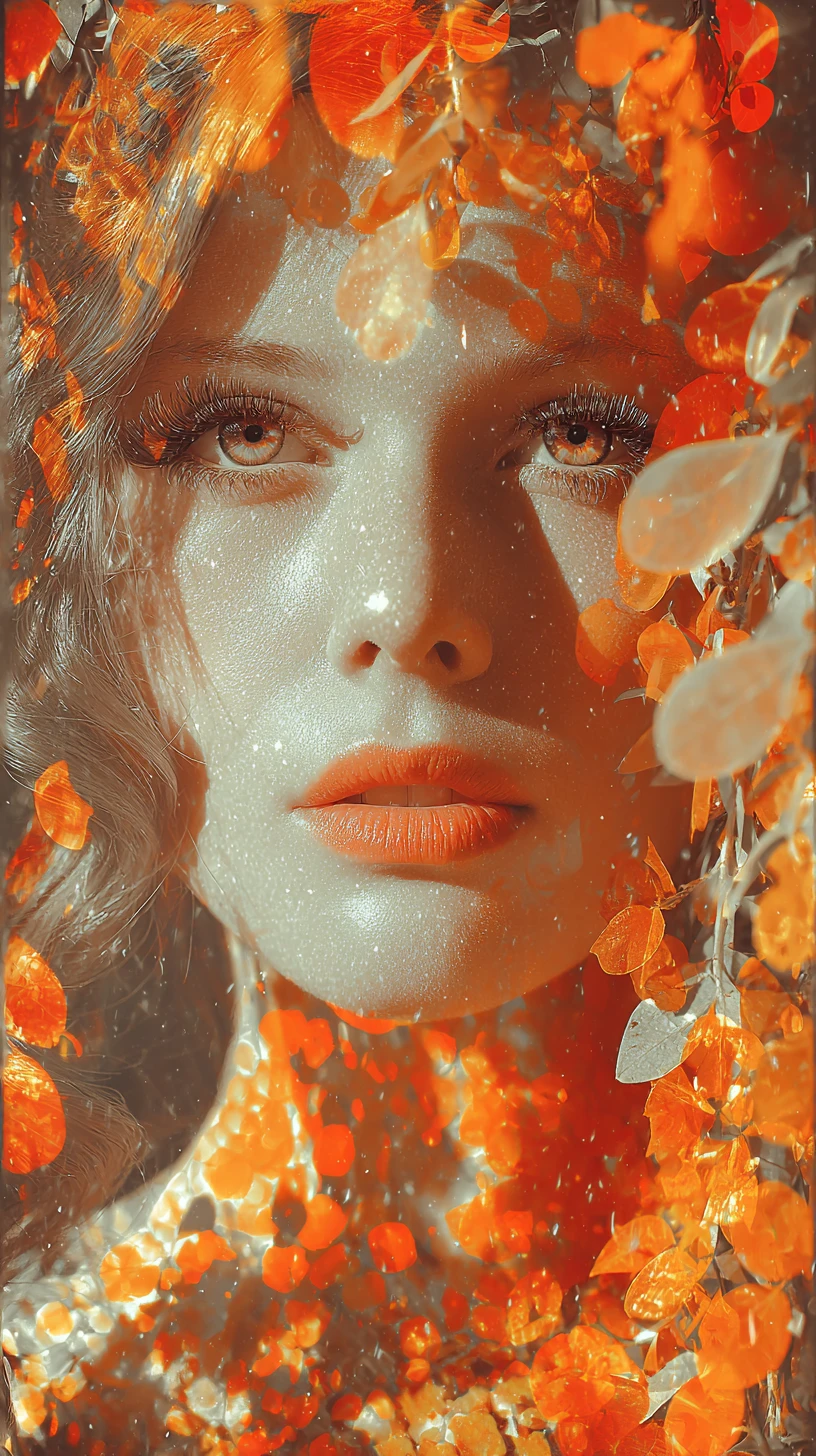 Surreal royal woman beneath cascading flower petals