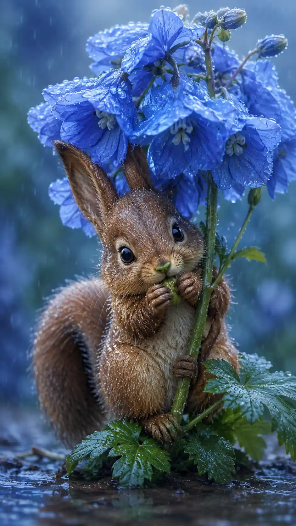 Fantasy animal sheltering under bright blue delphinium