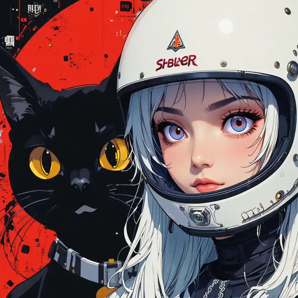 White haired anime girl with helmet and bold black cat