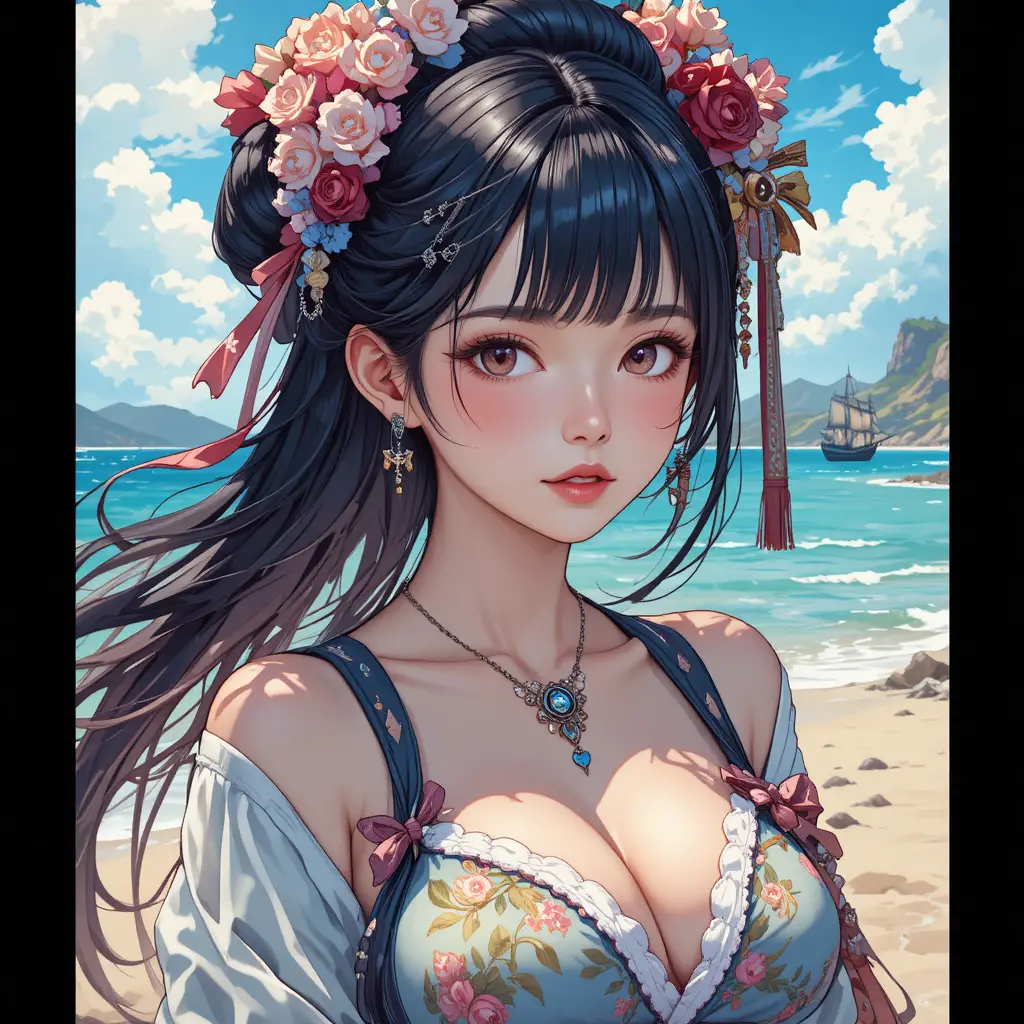 Pirate geisha woman standing on a sandy beach