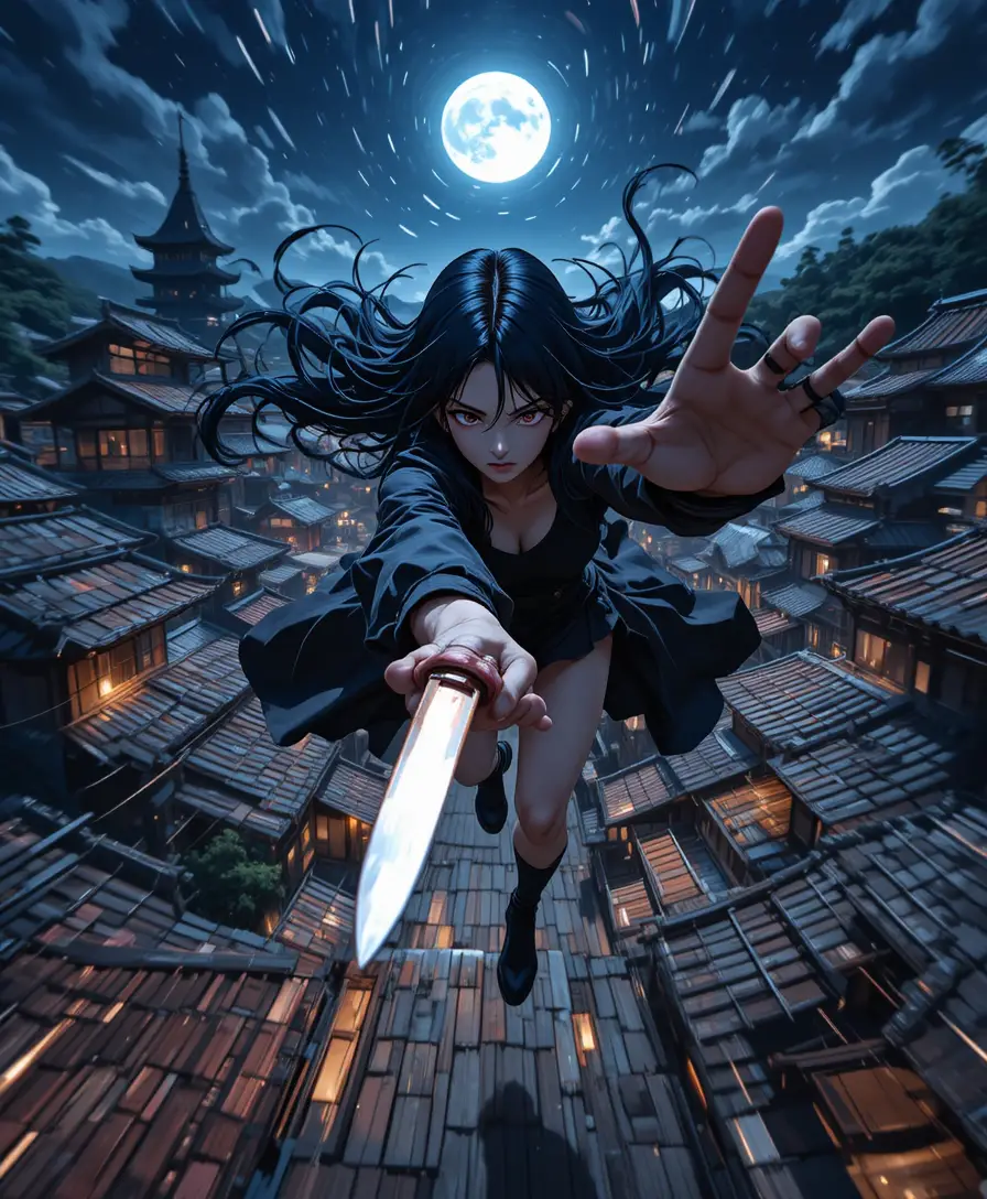 Anime kunoichi lunging toward viewer over moonlit rooftops