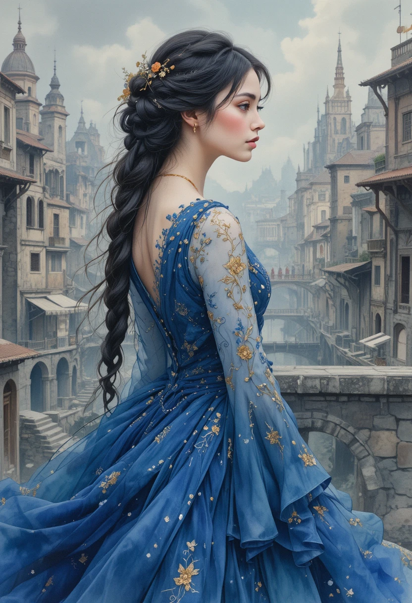 Watercolor portrait of an ethereal woman in a blue gown