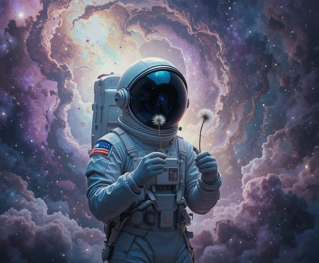 Solitary astronaut holding dandelion seed in colorful nebula