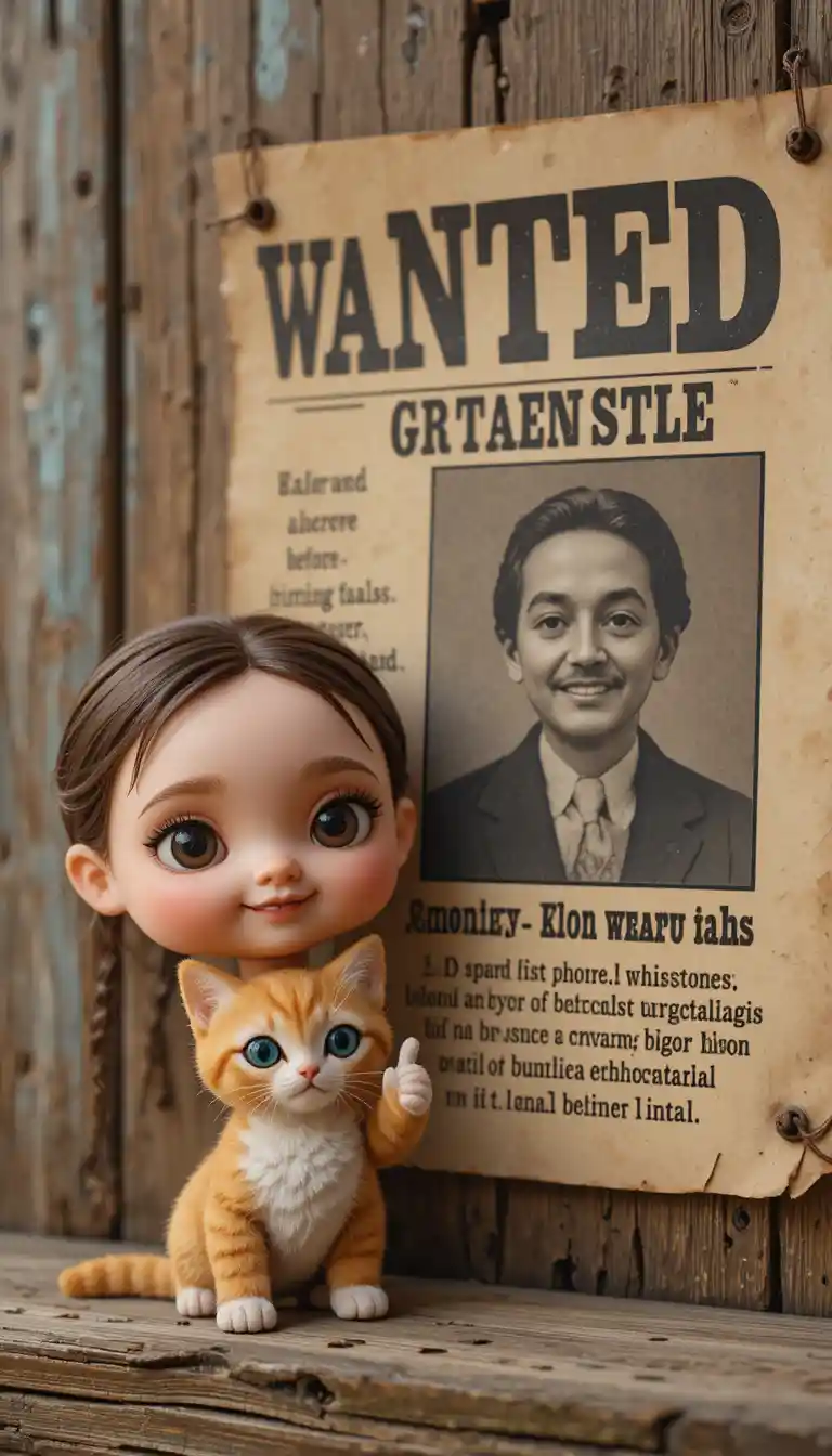 Tiny doll taking a goofy selfie beside a wanted poster