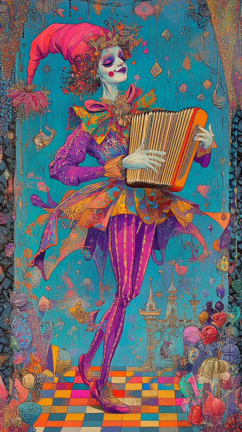Whimsical jester playing accordion in colorful fantasy scene