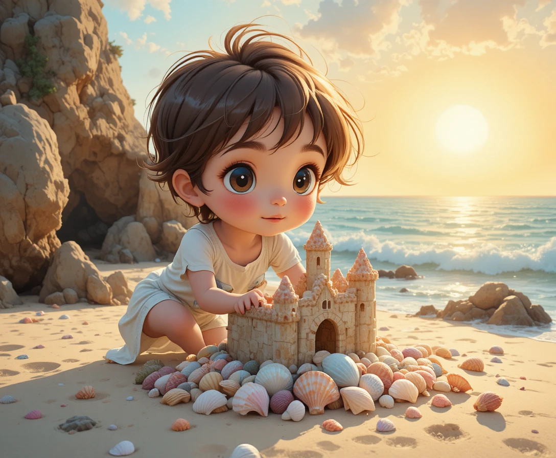 Curious child building a seashell castle on sunset beach