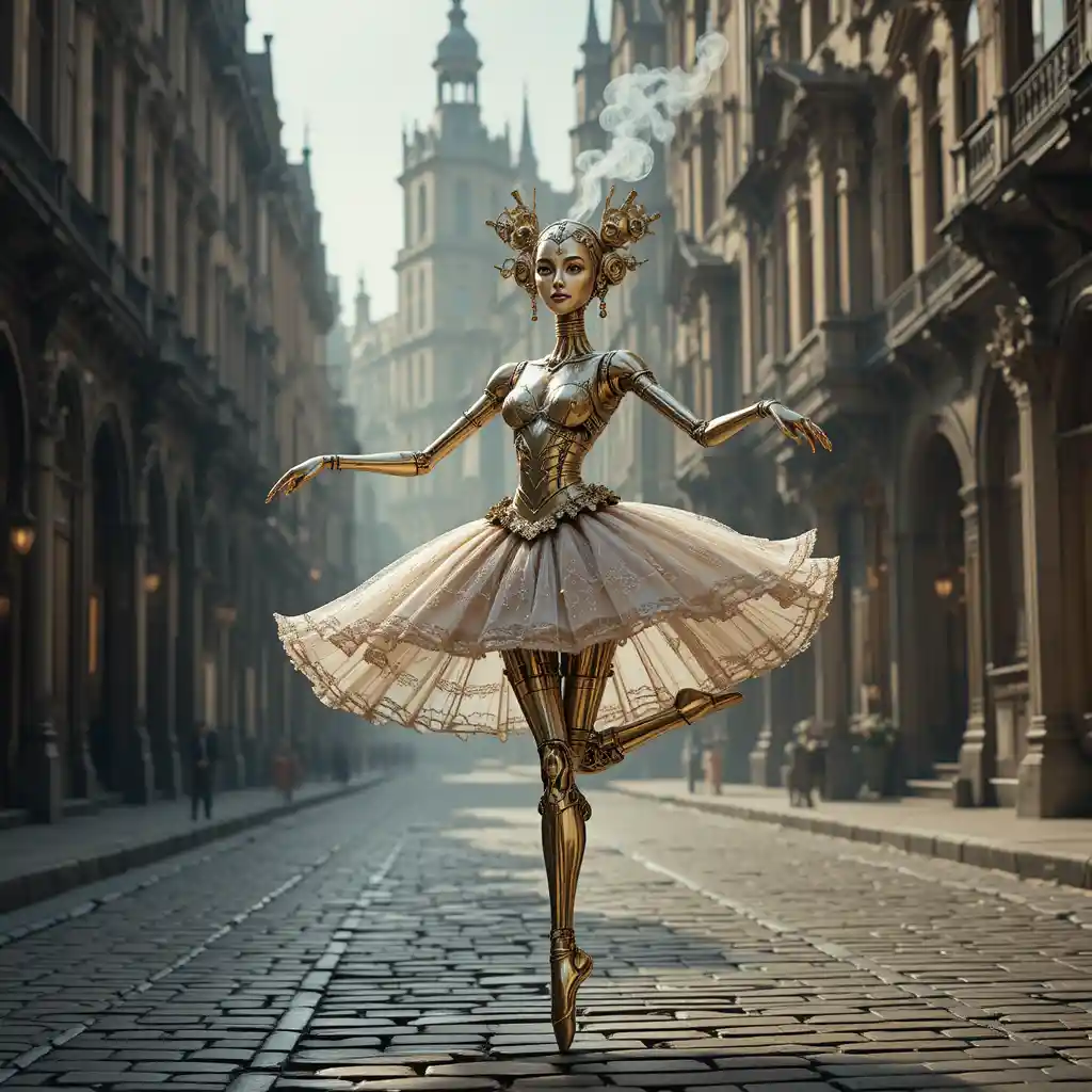 Clockwork ballerina robot dancing on a victorian street