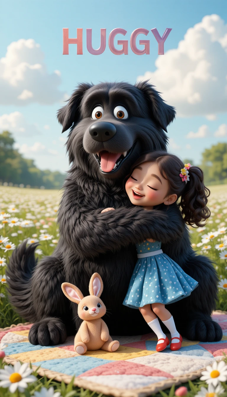 Little girl hugging a giant fluffy dog in a daisy meadow
