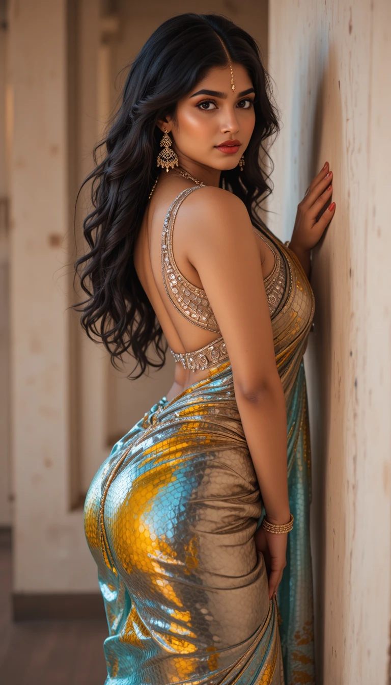 Indian woman in glossy saree posing in rustic interior