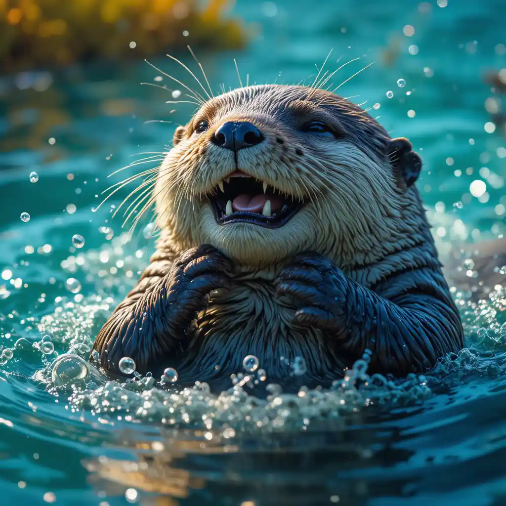 Joyful sea otter floating on its back in turquoise water