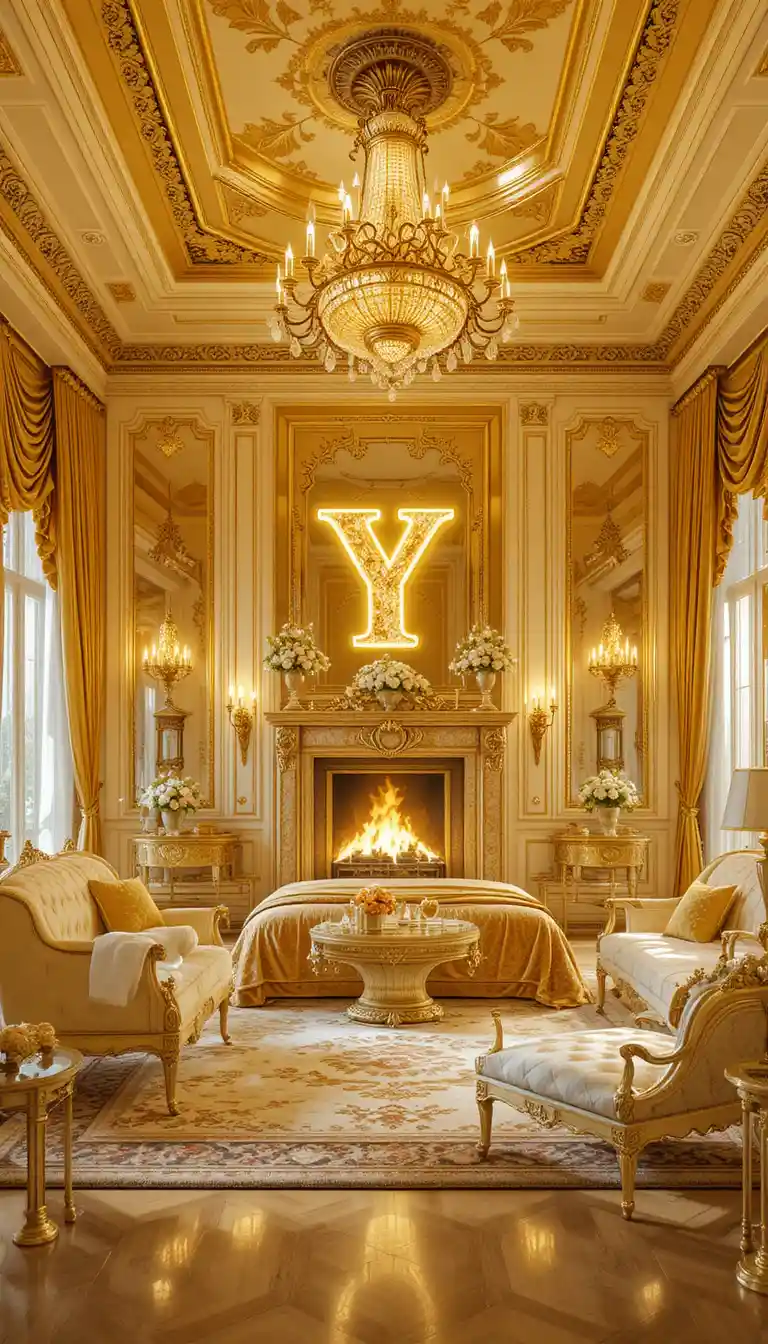 Golden crystal bedroom with luxury furniture and fireplace