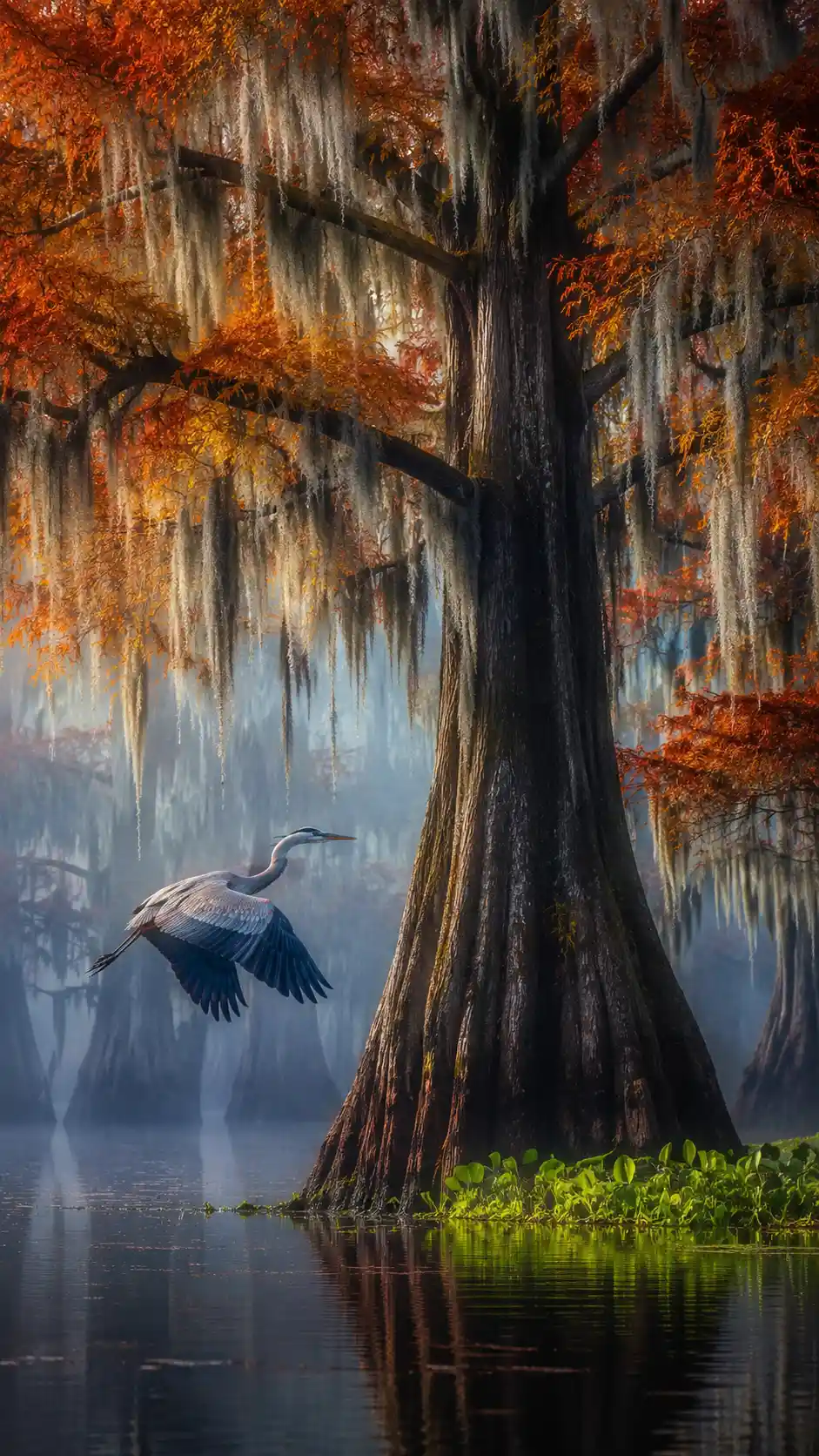 Great blue heron flying by moss draped cypress tree