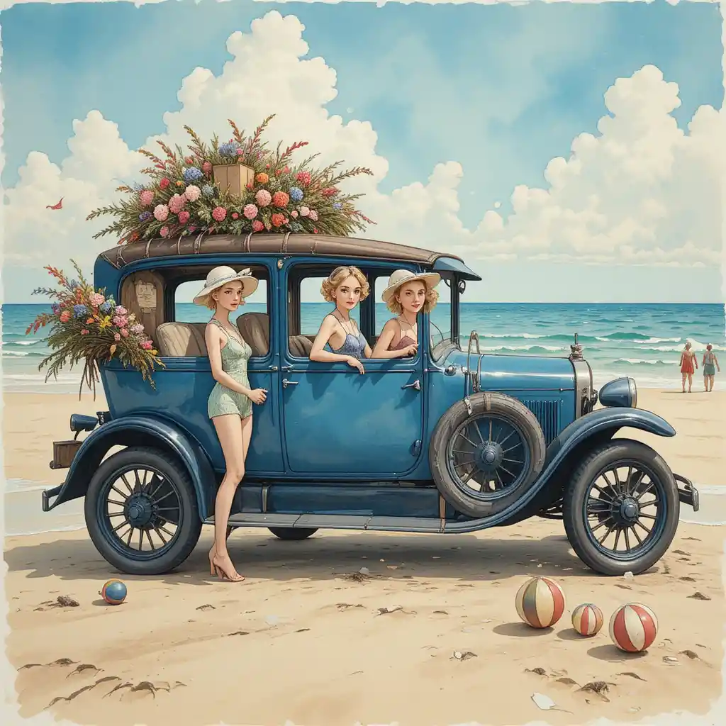Playful grandmothers with beach ball beside vintage blue car