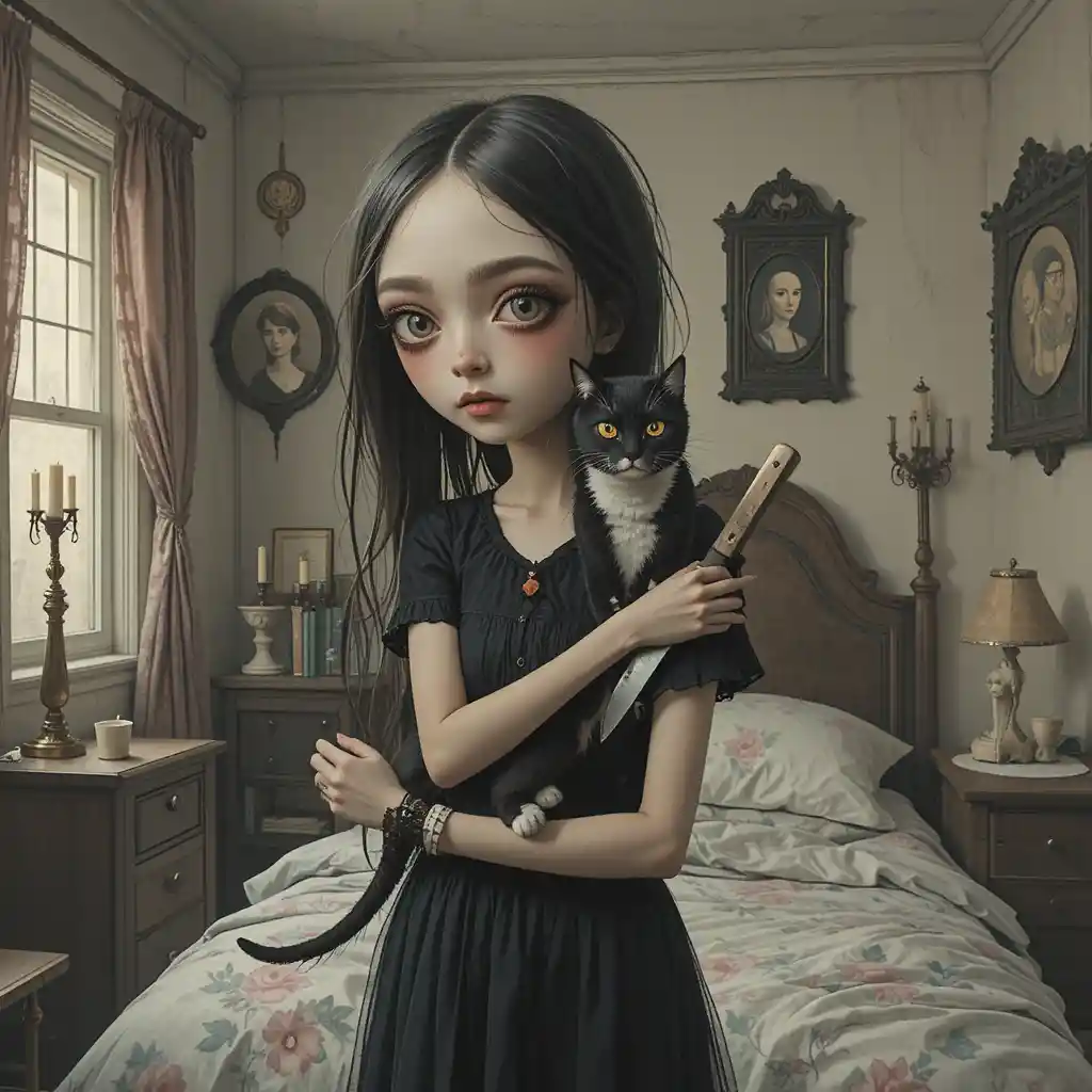 Creepy girl holding a cat and hiding a knife