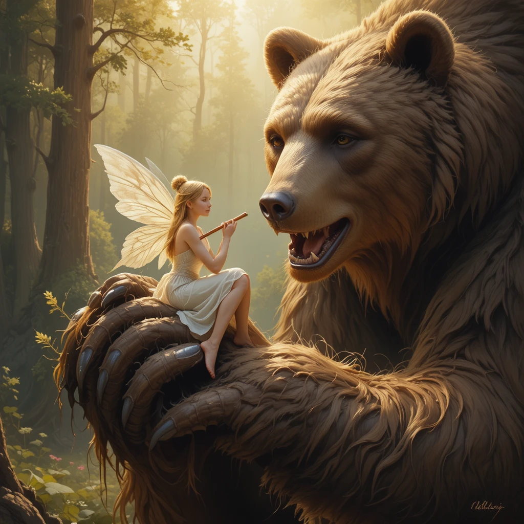 Fairy Playing Flute On Gentle Bear Paw In Forest Light