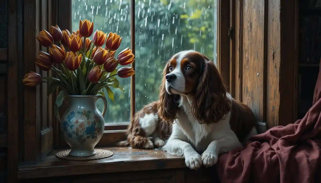 Vintage spaniel resting by rainy cottage window with tulips