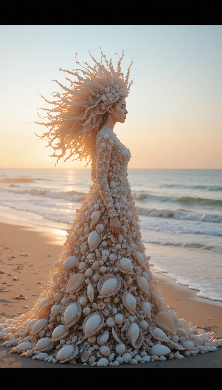 Shell adorned woman at sunset on a tranquil shoreline