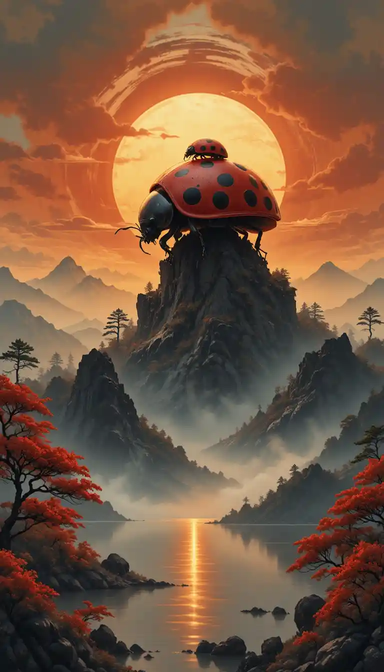 Colossal ladybugs over misty mountains at golden sunrise