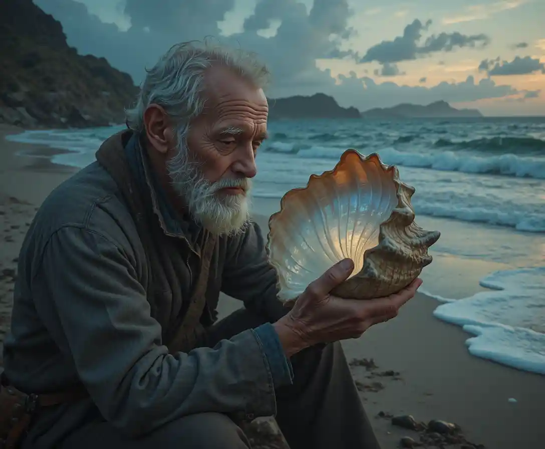 Elderly fisherman listening to a seashell on a quiet beach