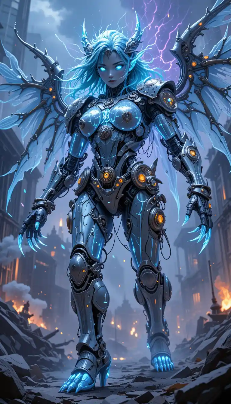 Clockwork crystal warrior queen in shattered burning ruins