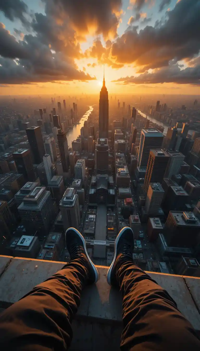 High angle view from skyscraper rooftop over sunset city