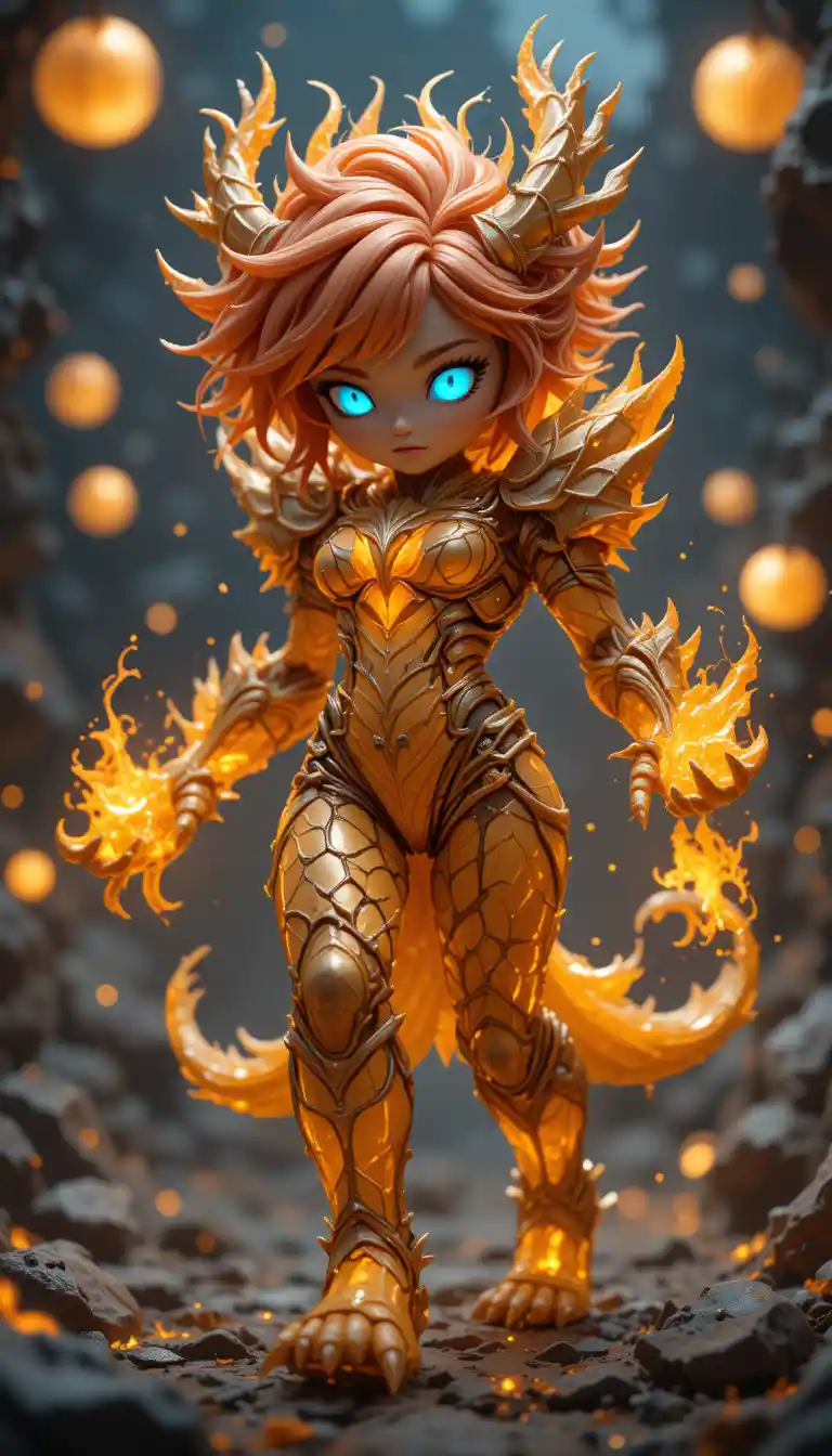 Fiery chibi warrior queen with glowing orange armor
