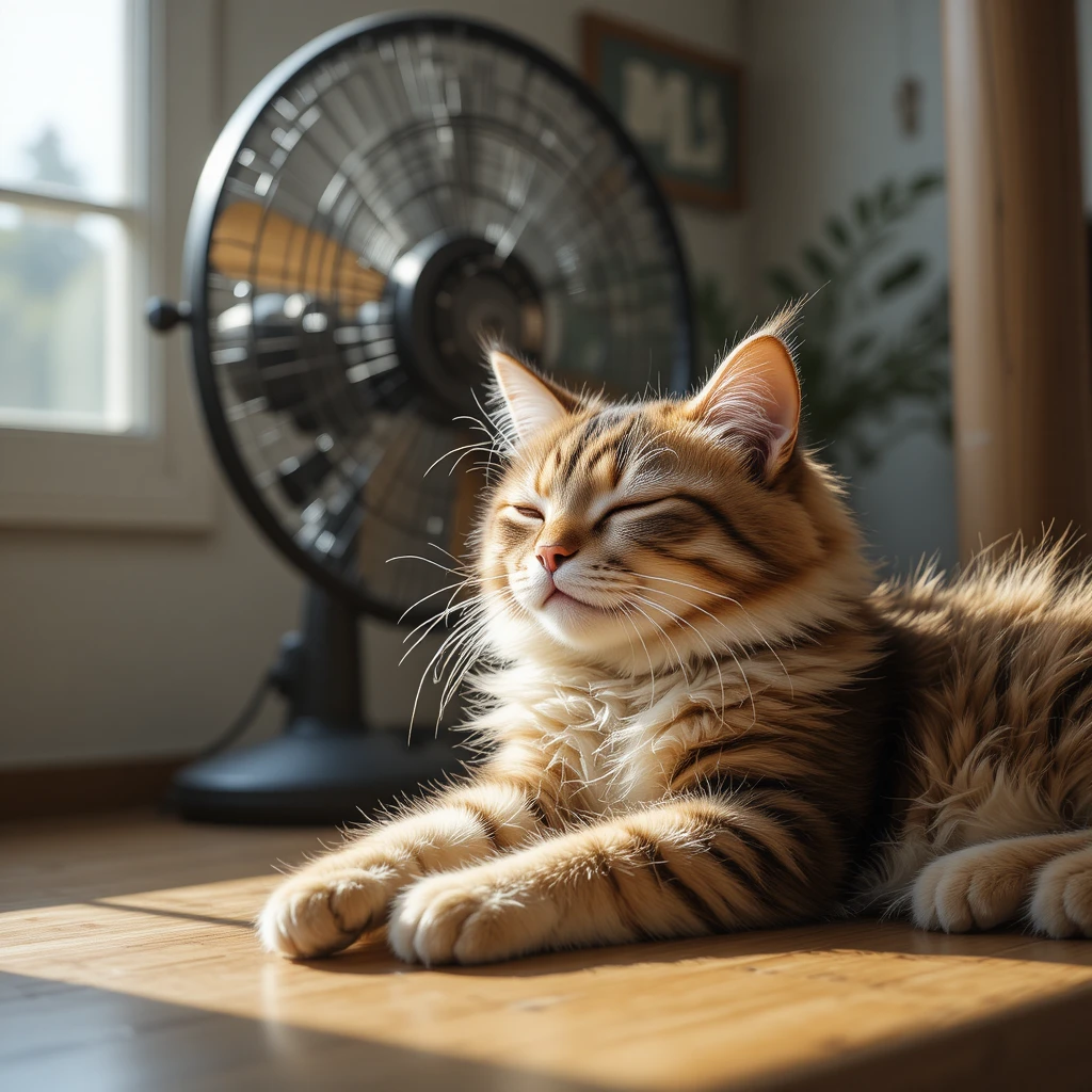 Cat sleeping in a warm sunbeam with fur blown by wind
