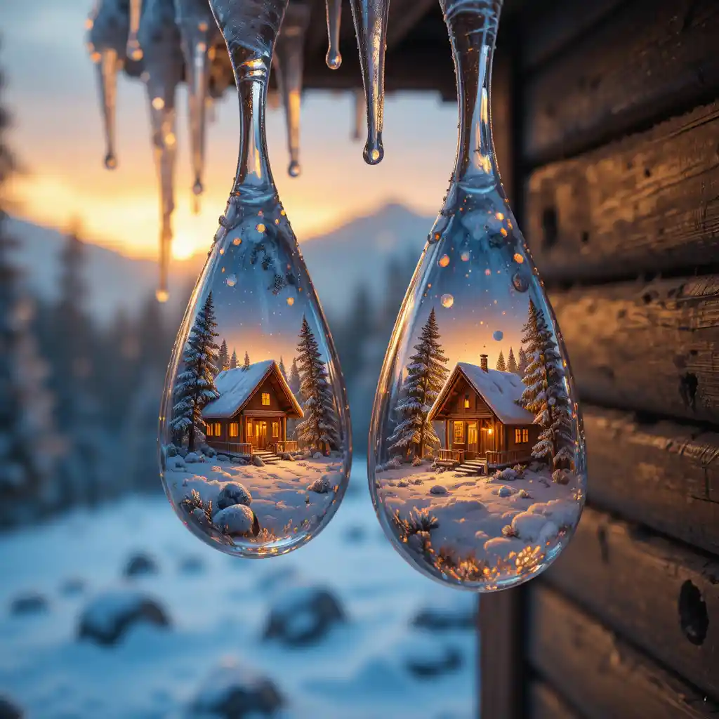 Macro raindrops reflecting a glowing winter cabin scene
