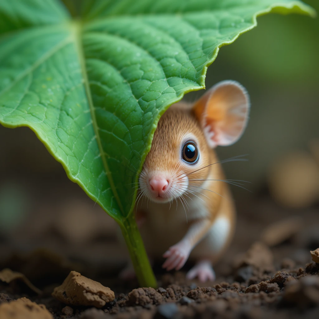 Shy brown mouse peeking out from behind a leaf