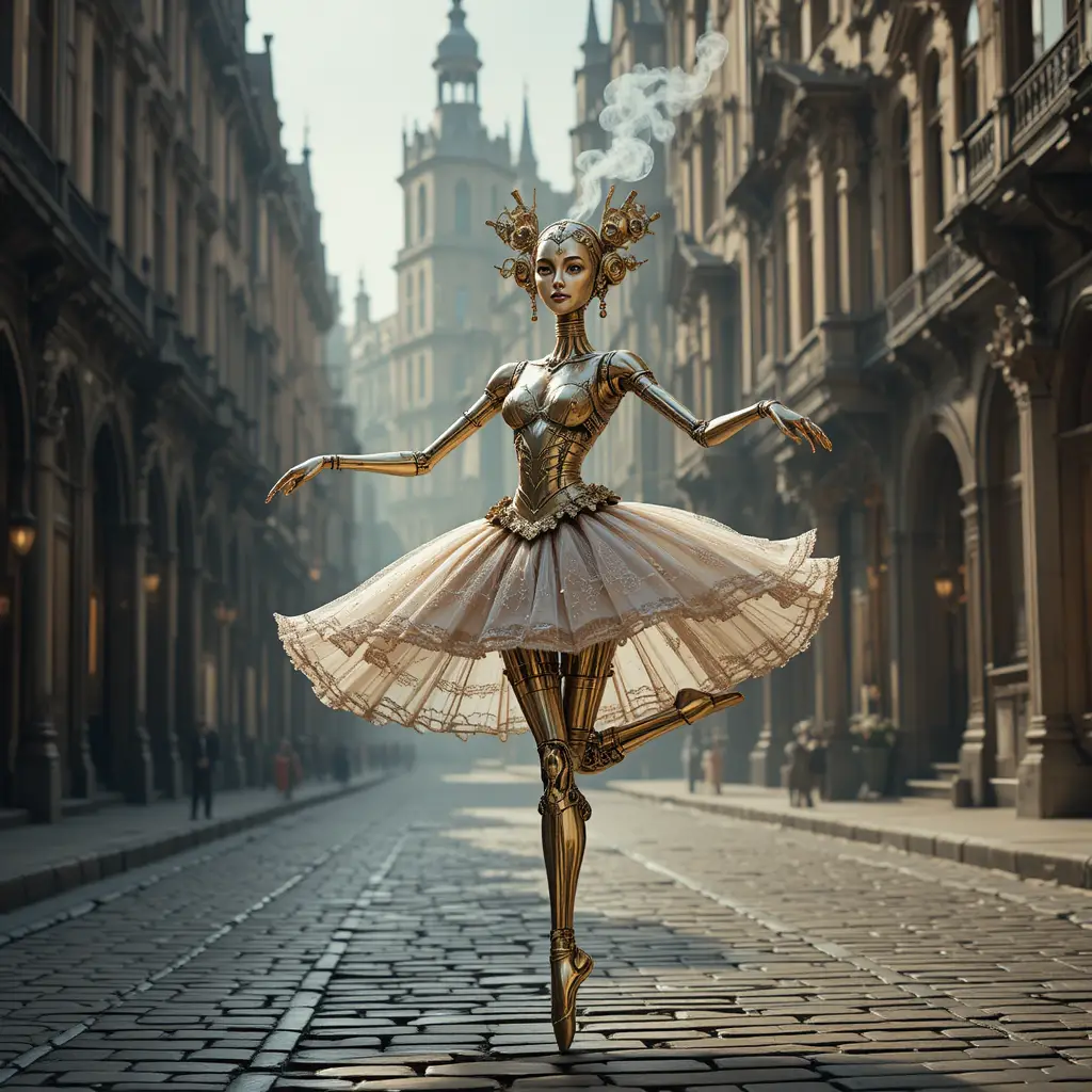 Clockwork ballerina robot dancing on a victorian street