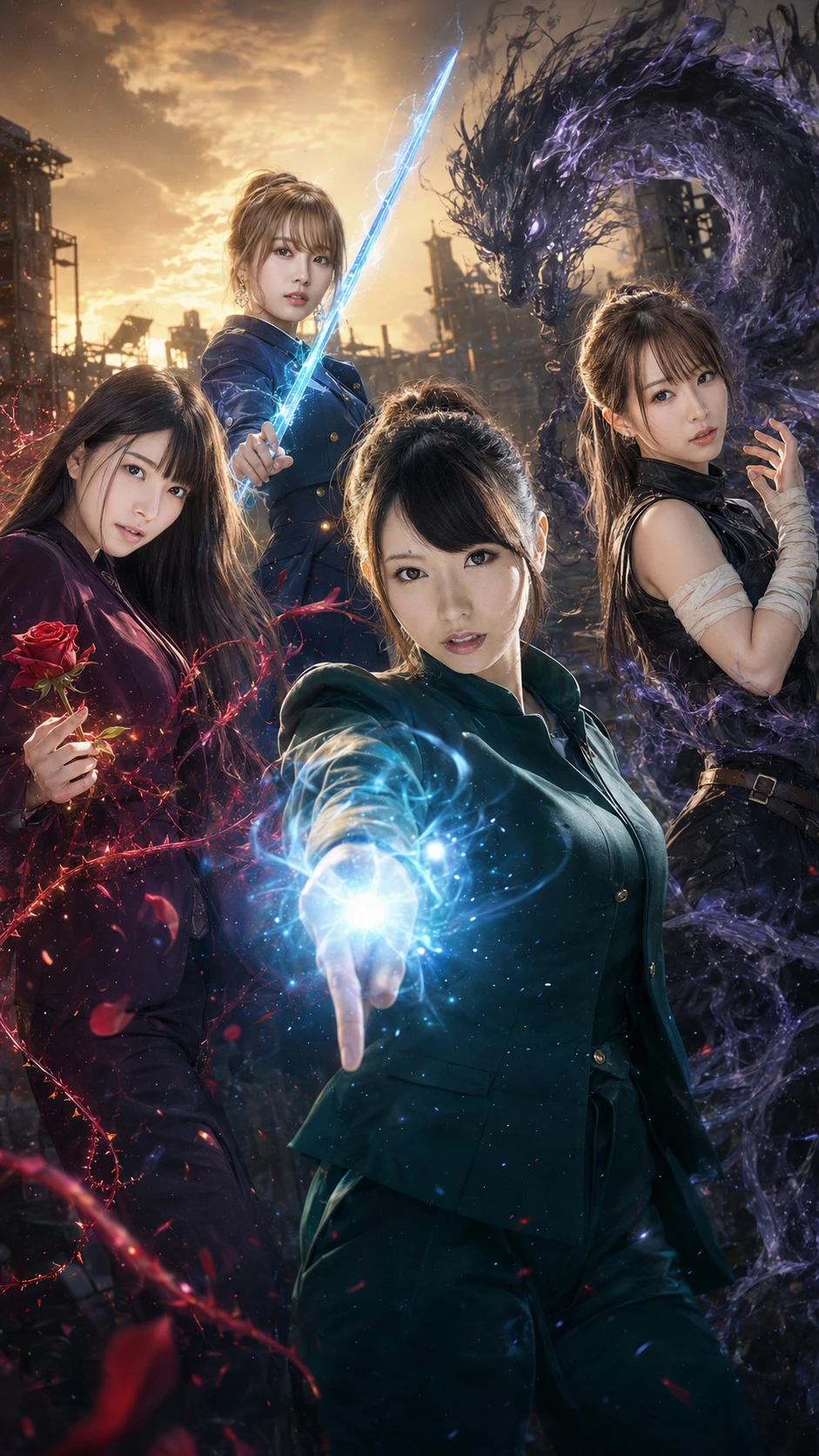 Four magical women in a ruined industrial wasteland at sunset