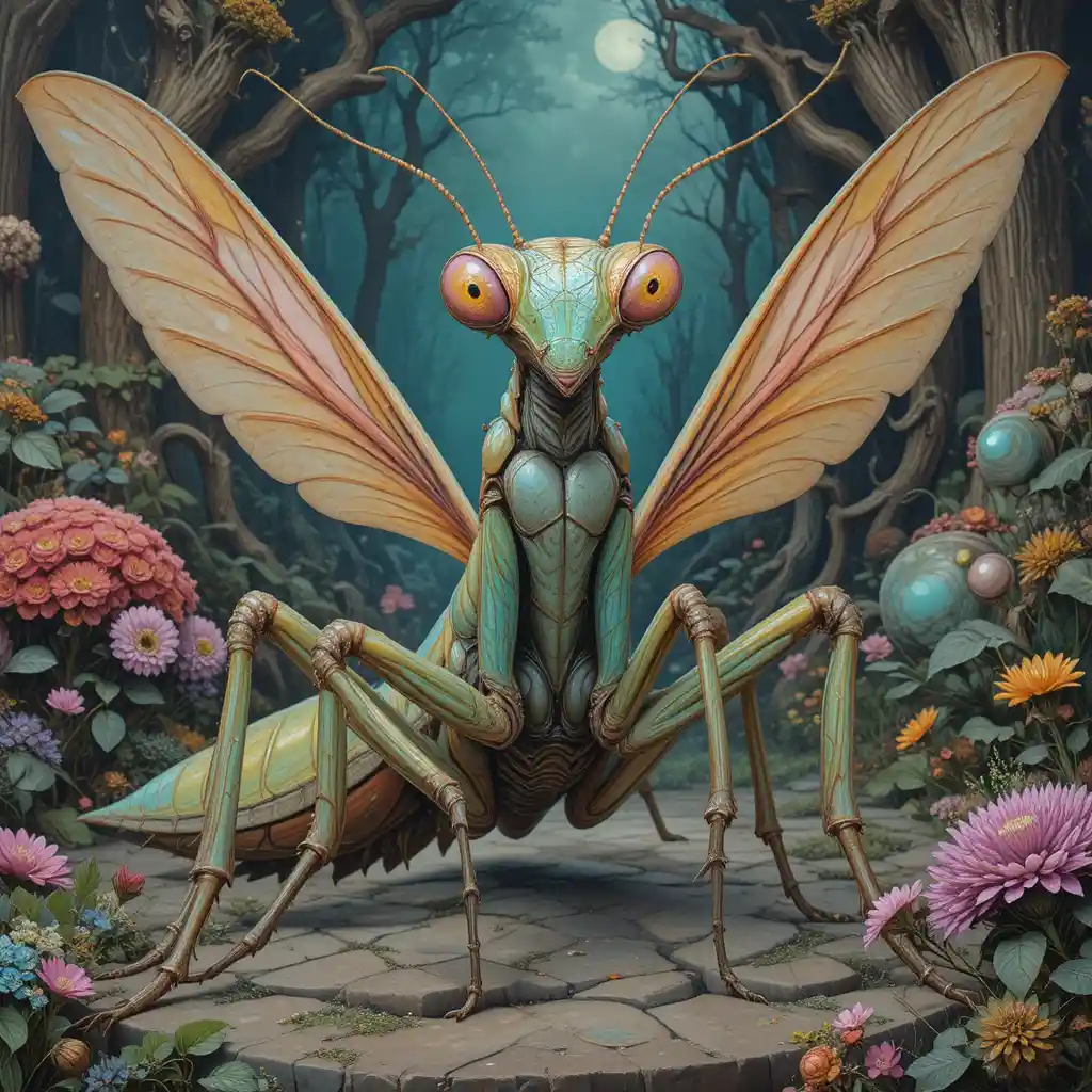 Surreal warrior mantis sculpture in a fantasy garden
