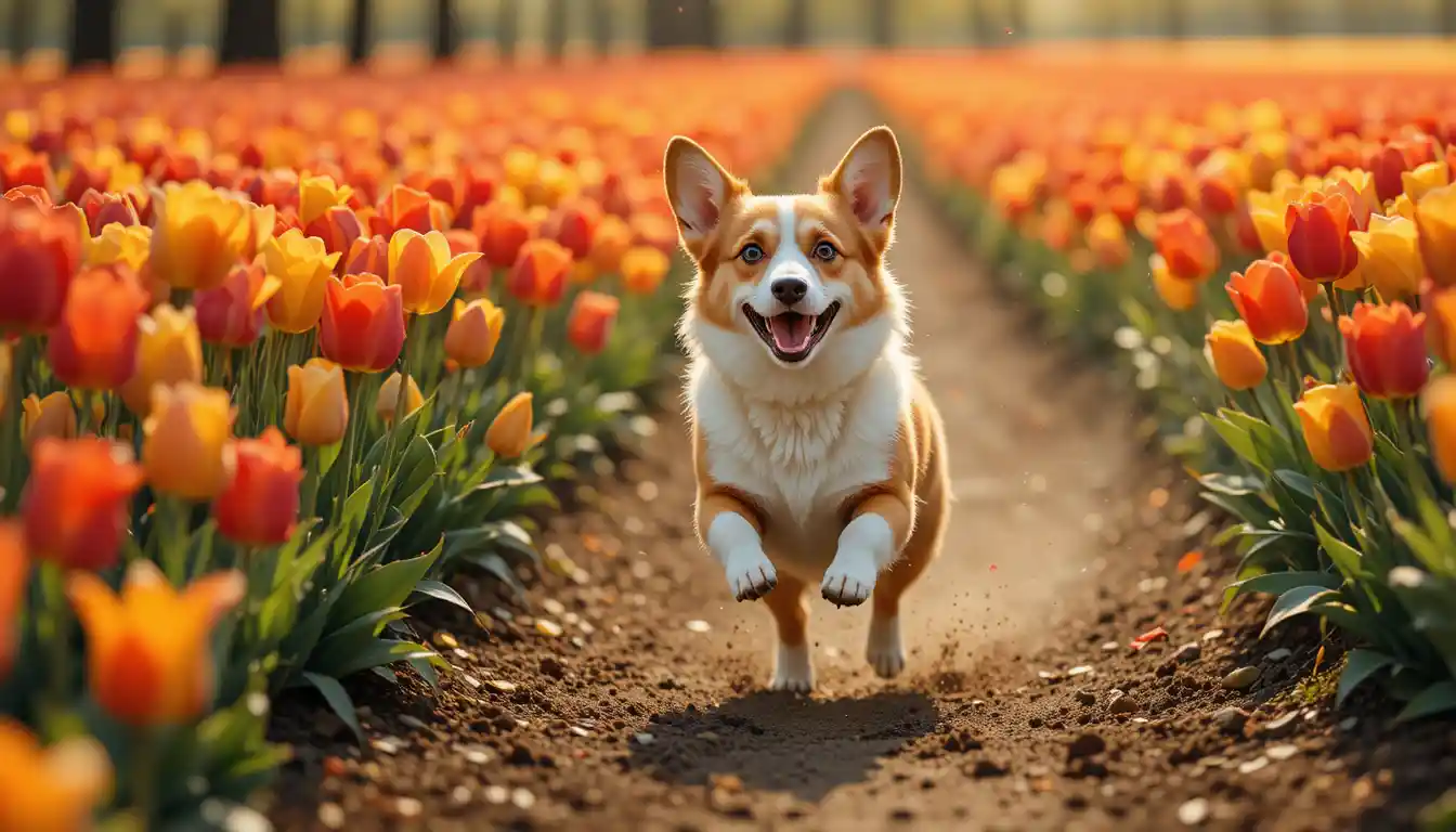 Happy corgi running through red and yellow tulip field