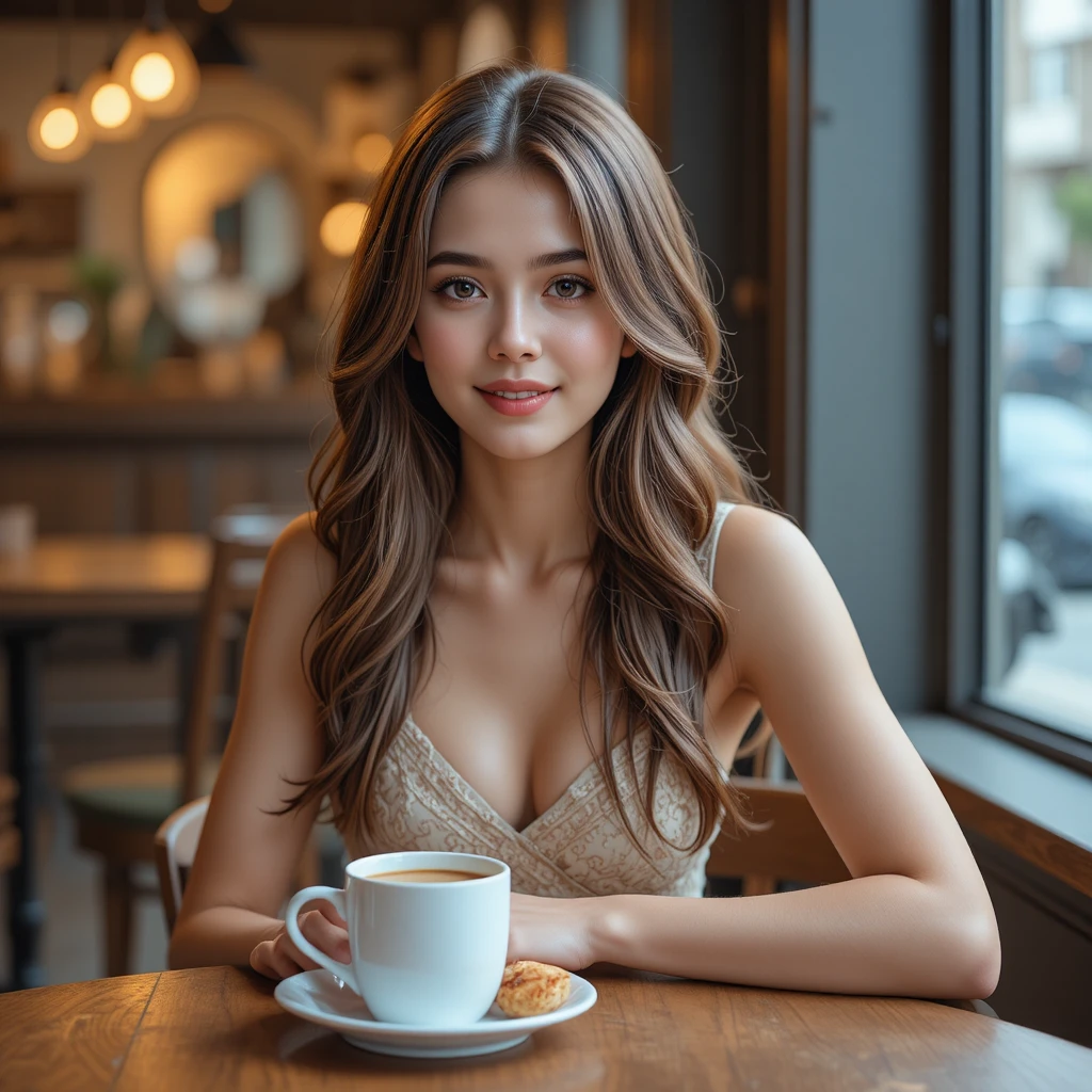 Young woman smiling at a cafe table with coffee