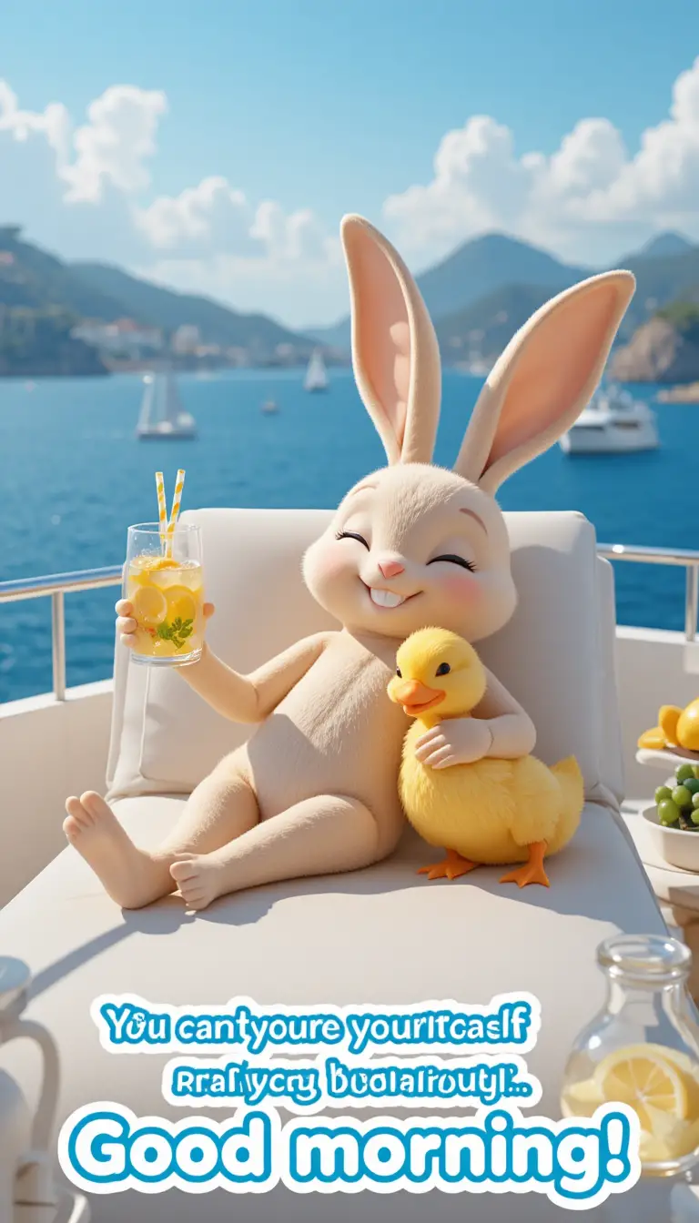 Cute rabbit and duckling relaxing on a sunny yacht