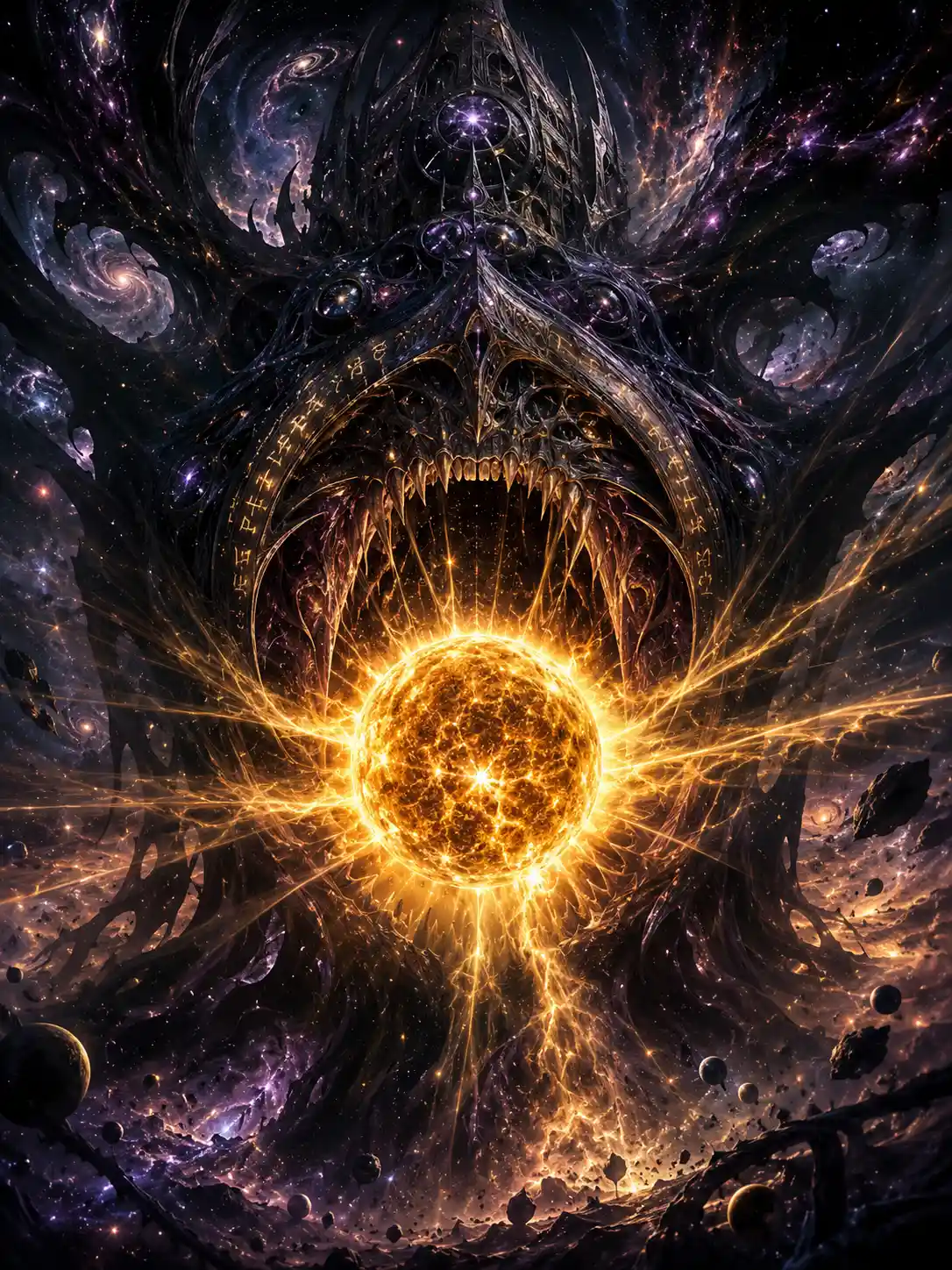 Kolossale kosmische Gottheit, die die strahlende goldene Sonne verschlingt