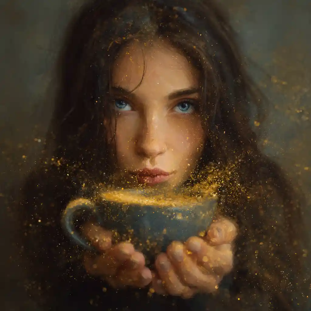 Enchanting girl blowing golden fairydust into a coffee cup