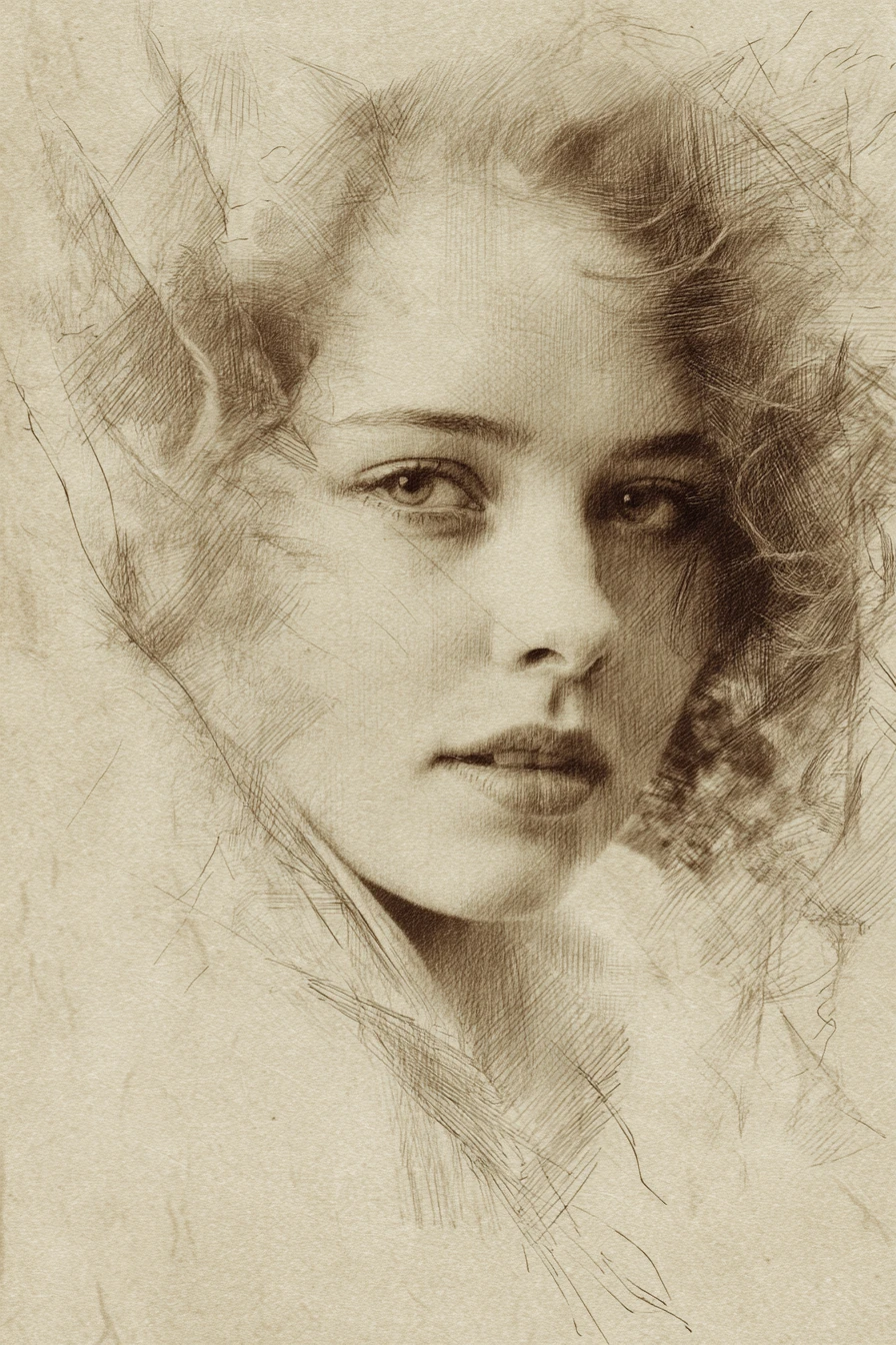 Expressive woman portrait in soft pencil style
