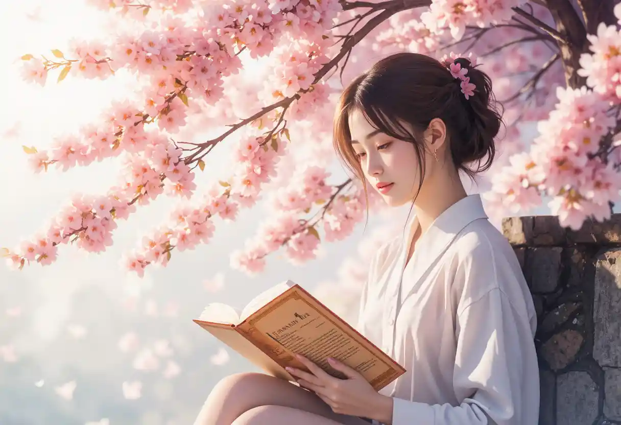 Young woman reading beneath blooming cherry blossom branches