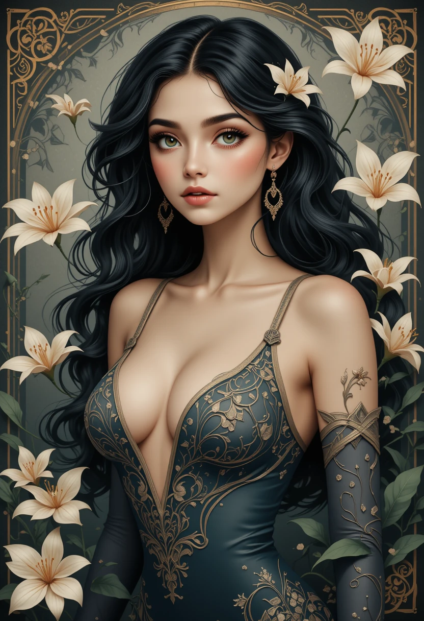 Art nouveau close up of a woman with lilies and vines