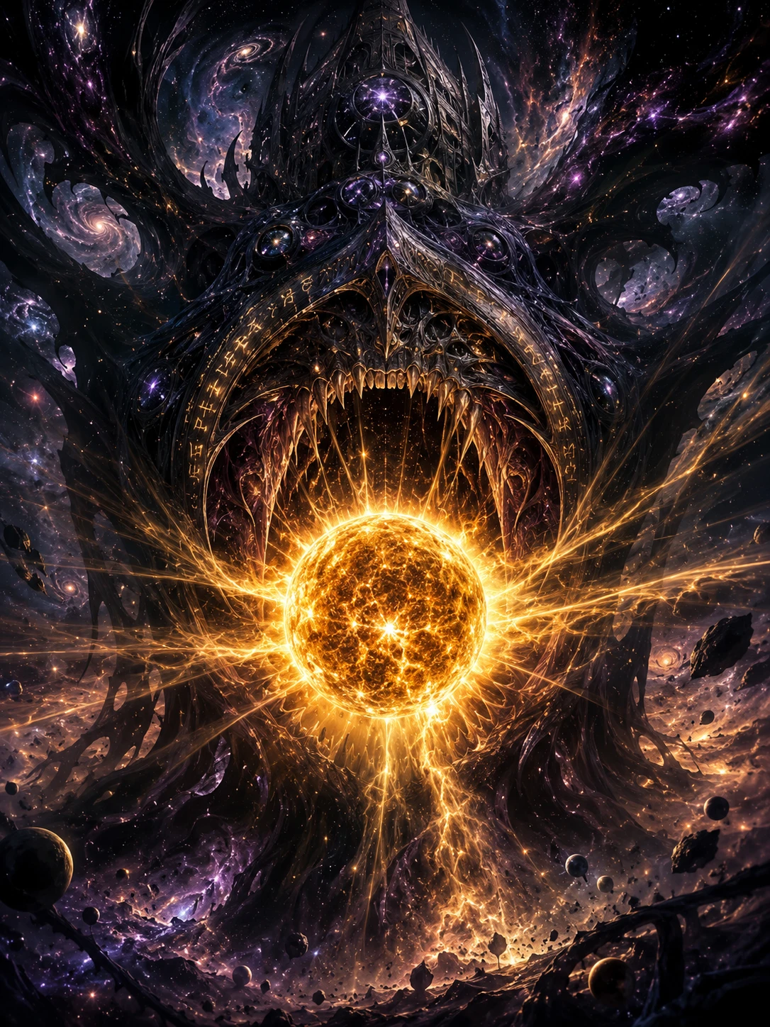 Colossal cosmic deity devouring the radiant golden sun